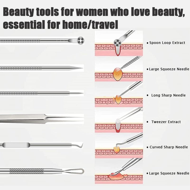 BLAAROOM Pimple Popper Tool Kit, 6 Pcs Blackhead Remover Acne Needle Tools Set Removing Treatment Comedone Whitehead Popping Zit for Nose Face Skin Blemish Extractor Tool - Silver - Image 4